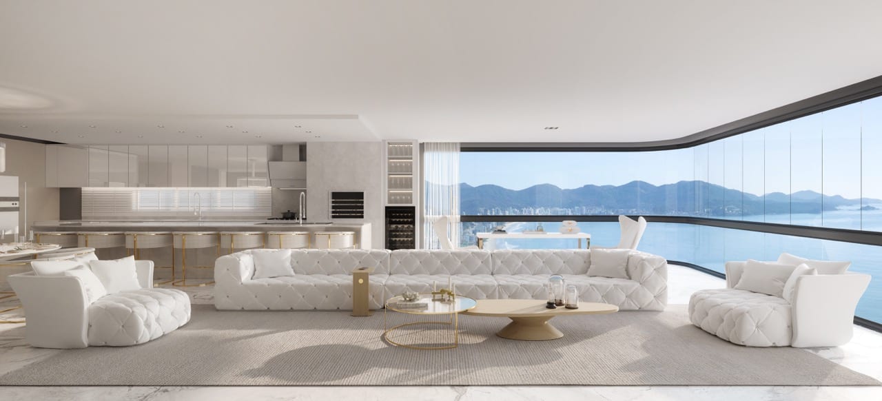 Living integrado de apartamento do Legend Vila Rica, com vista panorâmica para o mar